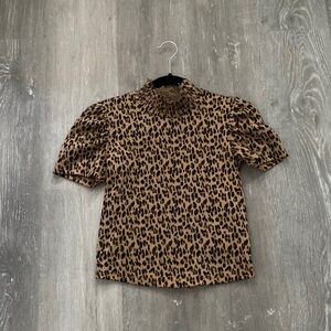 Zara Brown and Black Leopard Print Puff Sleeve Top